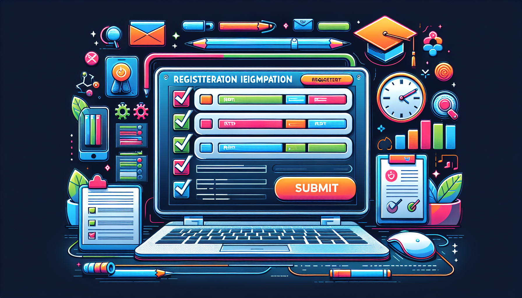 A vector graphic showing the registration process for the RBT exam.